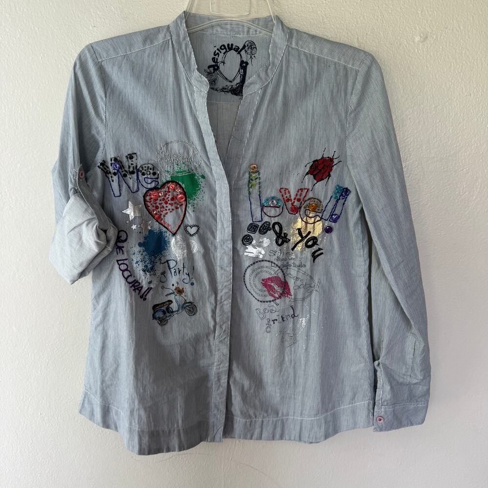 Desigual "We & You" button-down blouse  artsy long-sleeve top Size M - Picture 5 of 14